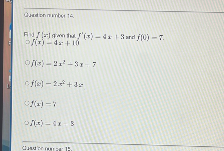 img of Question number 14.  Find \( f(x) \) given that \( f'(x)...