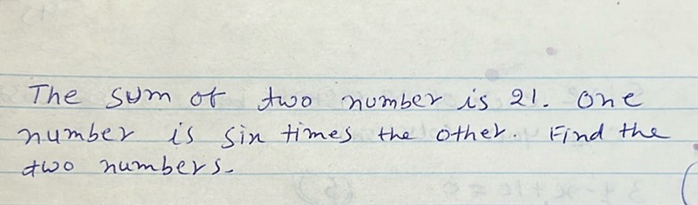 img of The sum of two numbers is 21. One number is six times the...