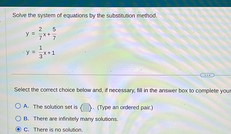 img of Solve the system of equations by the substitution method....