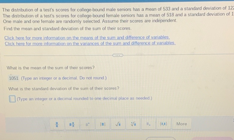 img of The distribution of a test's scores for college-bound male...