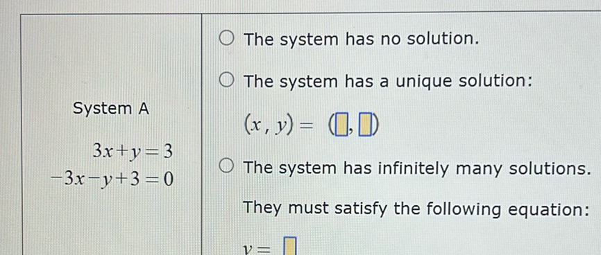 img of The system has no solution.  The system has a unique...