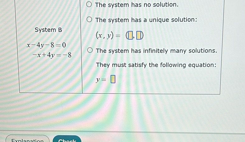 img of System B  \[ \begin{align*} x - 4y - 8 &= 0 \\ -x + 4y...