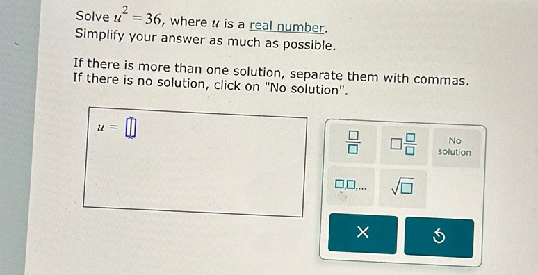 img of Solve \( u^2 = 36 \), where \( u \) is a real number....