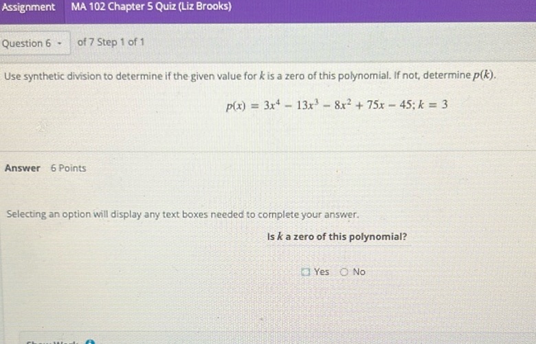 img of Assignment MA 102 Chapter 5 Quiz (Liz Brooks)  Question 6 -...