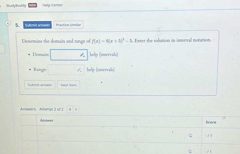 img of Determine the domain and range of \( f(x) = 6(x + 5)^2 - 5...