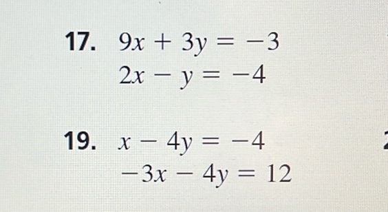 img of 17. \[ \begin{align*} 9x + 3y &= -3 \\ 2x - y &= -4...