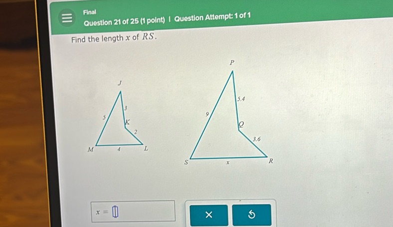 img of Find the length x of RS.