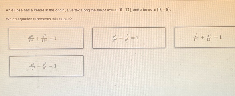 img of An ellipse has a center at the origin, a vertex along the...