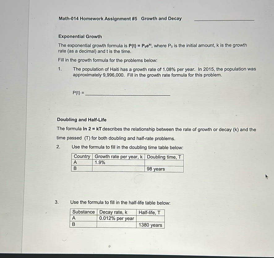 img of Math-014 Homework Assignment #5 Growth and Decay...